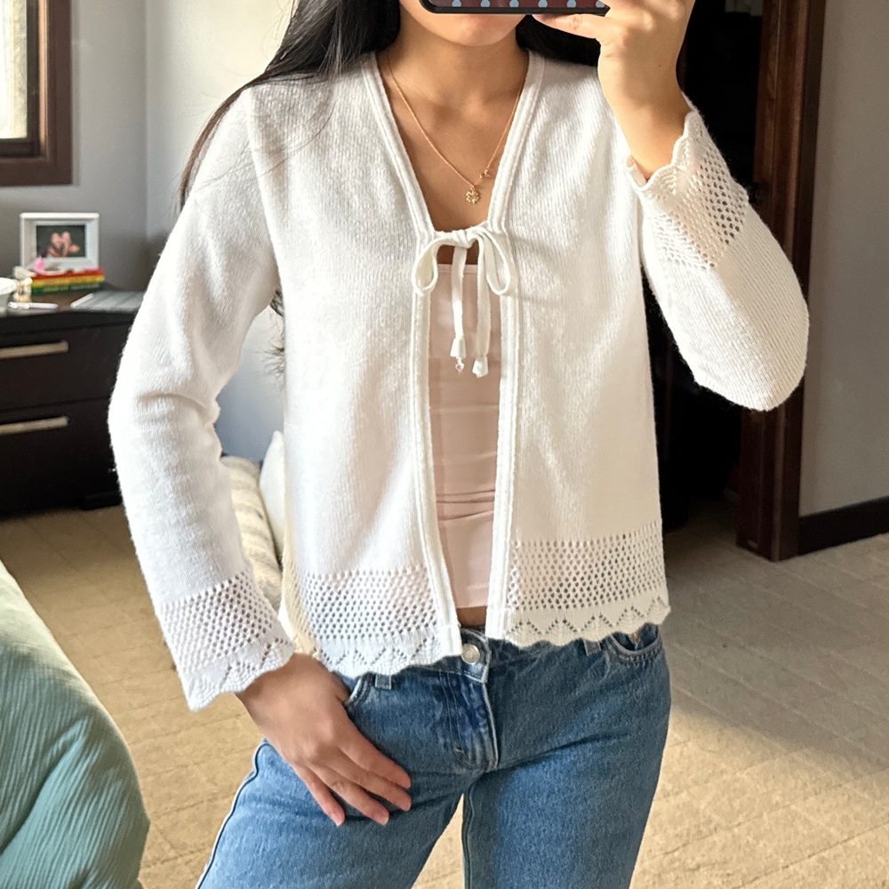 Vintage White Tie-front Knit Cardigan